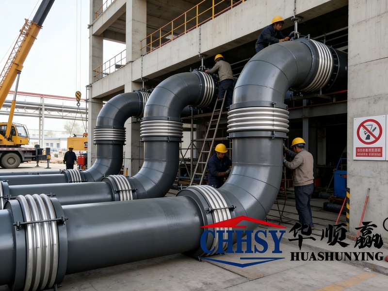 Lateral expansion joint with large tie rods being installed to absorb lateral displacement in an industrial piping system.