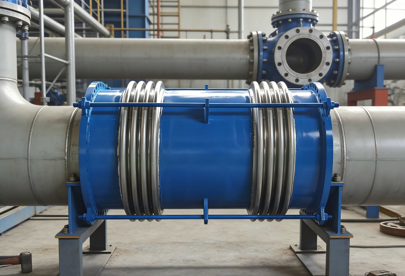 Axial metal bellows expansion joint made of corrosion-resistant stainless steel for seawater transport.